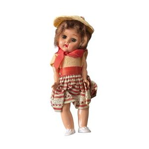 Vintage 1950s Hard Plastic Doll 7 Unmarked Sleep Eyes Striped Dress Bonnet As Is